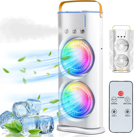 Zemic Portable Double Ended Spray Fan, Cold Air, 3 Gears USB Rechargeable Mini AC Air Cooler Misting Fans with LED Light Cooler, Touch & Remote Control, 280ml Water Tank, Ice Filling Fan 